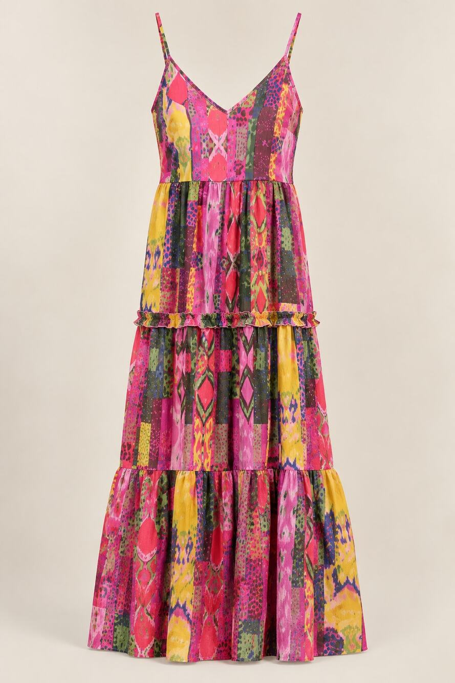 Isla Bonita Levitha 100% Silk Patchwork Tiered Maxi Dress XL